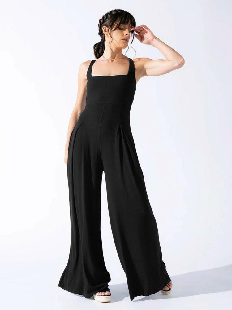 Jumpsuits |   Black Jumpsuit Sleeveless Square Neck Pleated Loose Leg One Piece Outfit Clothing Jumpsuits