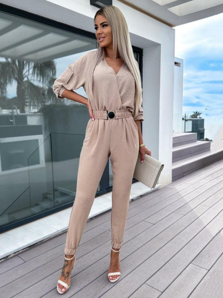 Jumpsuits |   Black Jumpsuit V-Neck 3/4 Length Sleeves Sash Tapered Fit Summer One Piece Outfit Clothing Jumpsuits