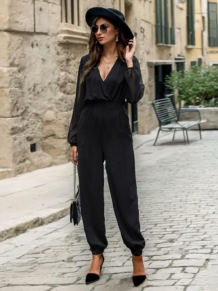 Jumpsuits |   Black Playsuit V-Neck Long Sleeves Pleated Layered 1 Piece Set Clothing Jumpsuits