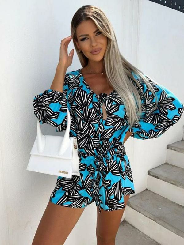 Jumpsuits |   Blue Floral Print Jewel Neck Long Sleeves Summer One Piece Outfit Clothing Jumpsuits