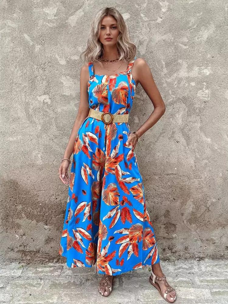 Jumpsuits |   Blue Floral Print Straps Neck Sleeveless Sash Backless Polyester Wide Summer One Piece Outfit Clothing Jumpsuits