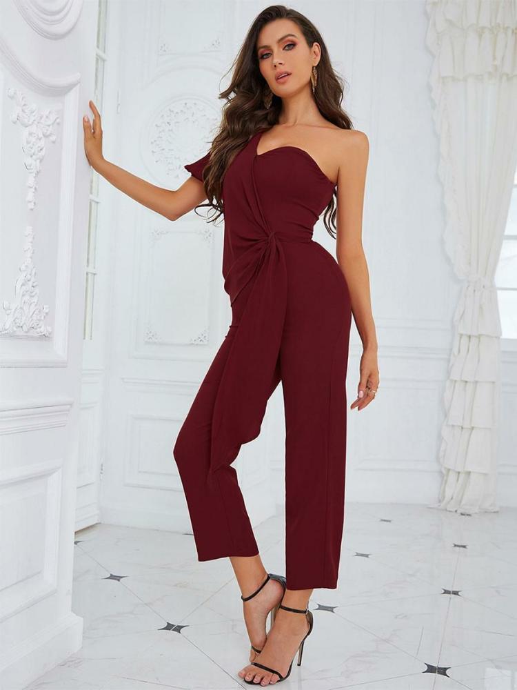 Jumpsuits |   Burgundy Jumpsuit One-Shoulder Short Sleeves Sash Summer Playsuit Clothing Jumpsuits