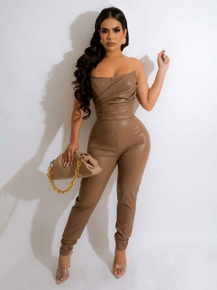 Jumpsuits |   Coffee Brown Strapless Sleeveless Pleated Stretch Strapless PU Leather Tapered Fit Summer One Piece Outfit Clothing Jumpsuits