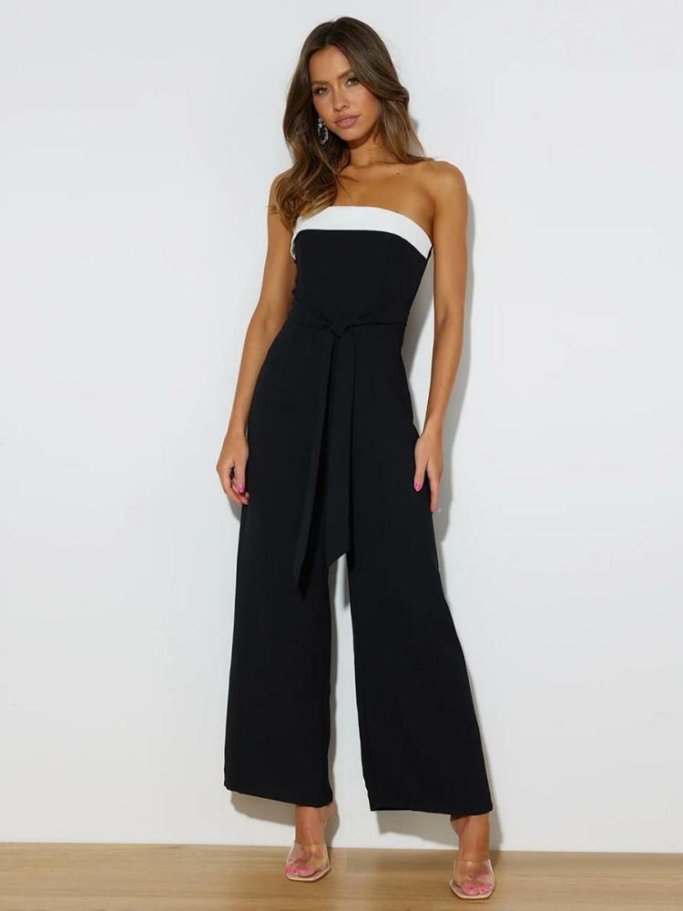 Jumpsuits |   Contrast Jumpsuits Color Block Off The Shoulder Belted Backless Romper Clothing Jumpsuits