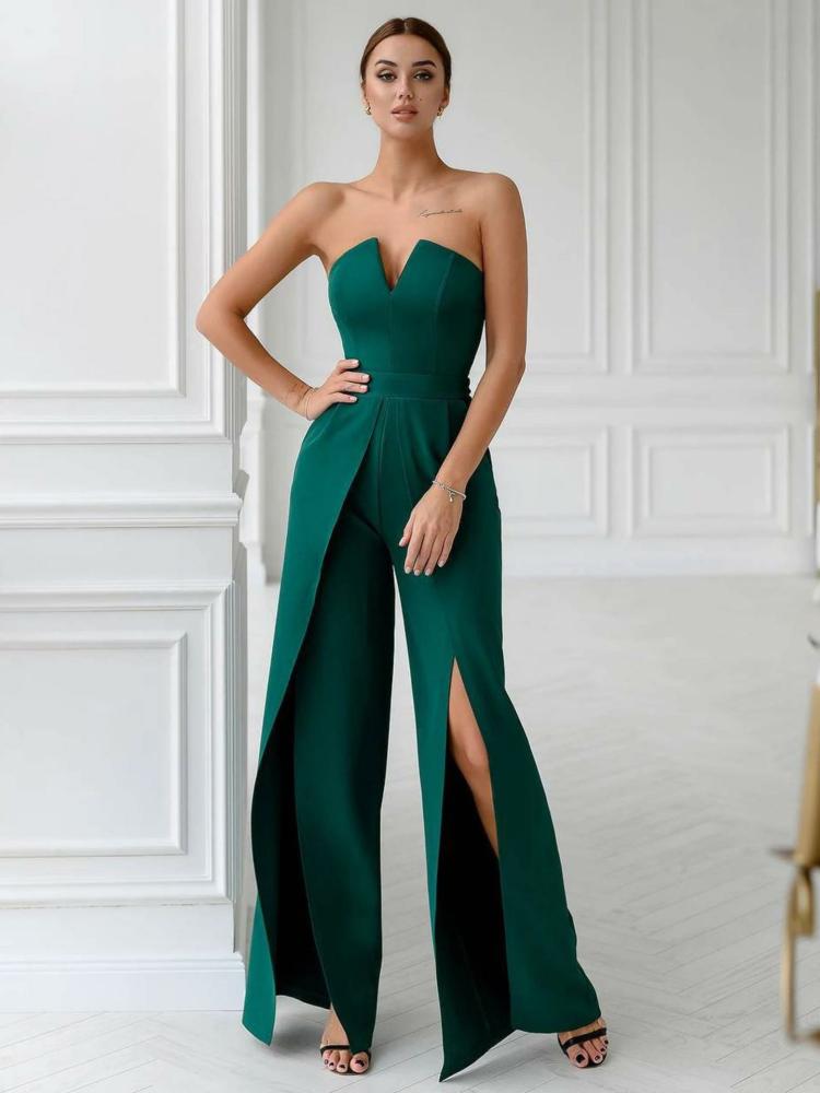 Jumpsuits |   Dark Green Strapless Sleeveless Split Front Backless Strapless Wide Summer One Piece Outfit Clothing Jumpsuits