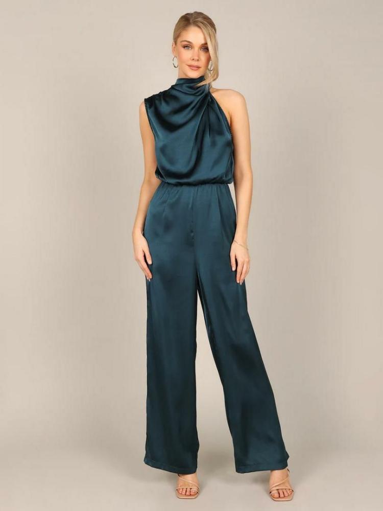 Jumpsuits |   Dark Navy Designed Neckline Sleeveless Pleated Irregular Strapless Polyester Straight Summer Playsuit Clothing Jumpsuits