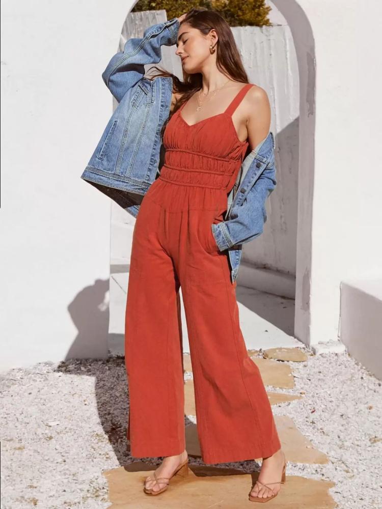 Jumpsuits |   Dark Red V-Neck Sleeveless Backless Polyester Straight Summer Playsuit Clothing Jumpsuits