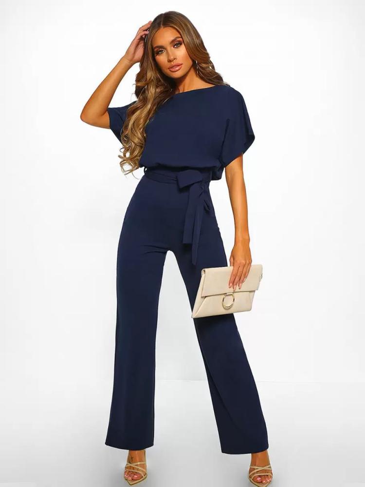 Jumpsuits |   Deep Blue Jumpsuit Lace Up Knotted Natural Waist Trousers Outfit Clothing Jumpsuits