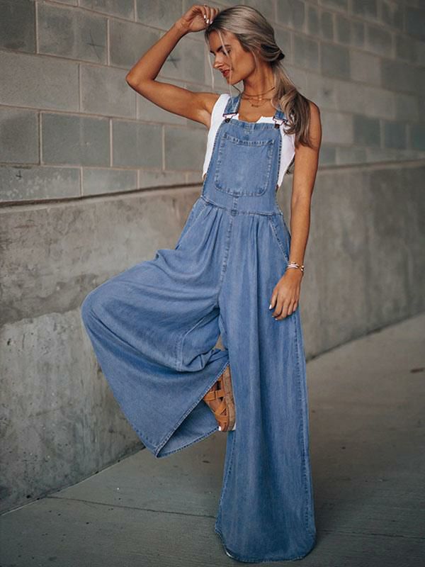 Jumpsuits |   Deep Blue Sleeveless Buttons Convertible Denim Wide Summer Playsuit Clothing Jumpsuits