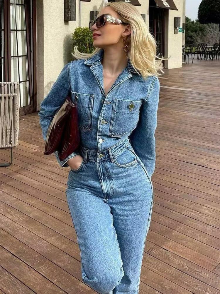 Jumpsuits |   Denim Jumpsuit Pleated Neck Front Button Straight Solid Color Playsuit Clothing Jumpsuits