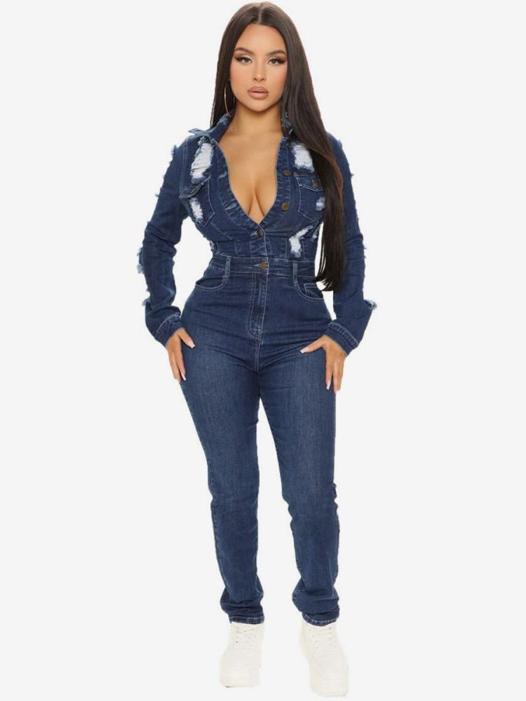 Jumpsuits |   Denim Playsuit Long Sleeves Front Button Tapered Fit Jumpsuit Clothing Jumpsuits