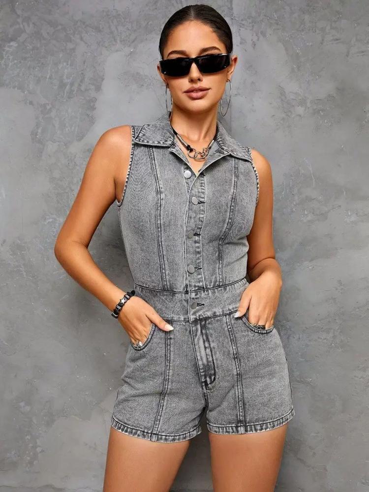 Jumpsuits |   Gray Romper Turndown Collar Sleeveless Buttons Summer Casual 1 Piece Outfit Clothing Jumpsuits