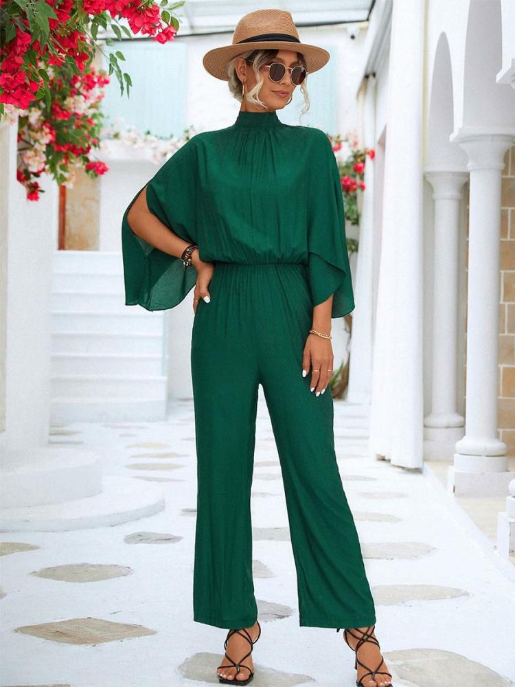 Jumpsuits |   Green High Collar 3/4 Length Sleeves Pleated Straight Summer One Piece Outfit Clothing Jumpsuits