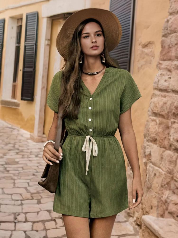 Jumpsuits |   Green V-Neck Short Sleeves Buttons Polyester Loose Summer One Piece Outfit Clothing Jumpsuits