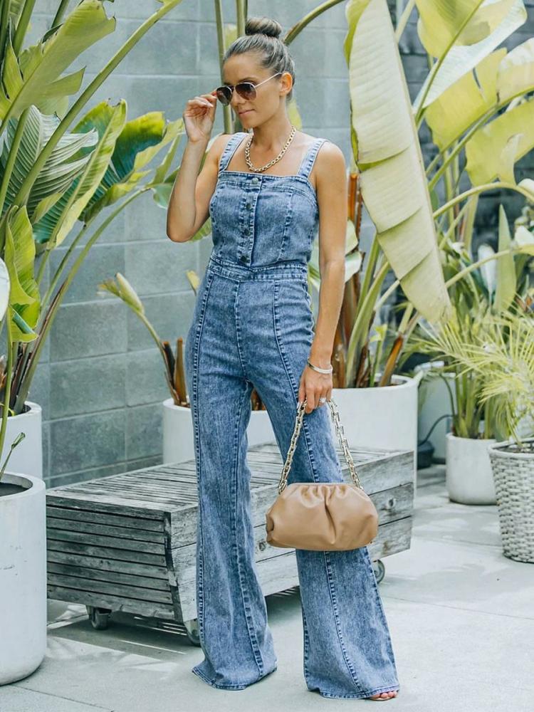 Jumpsuits |   Light Sky Blue Square Neck Sleeveless Buttons Denim Flared Summer Jumpsuit Clothing Jumpsuits