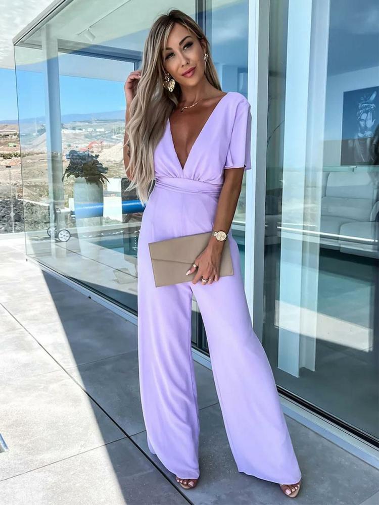 Jumpsuits |   Lilac Jumpsuit V-Neck Short Sleeves Belted Wide Leg Casual Summer Romper Clothing Jumpsuits