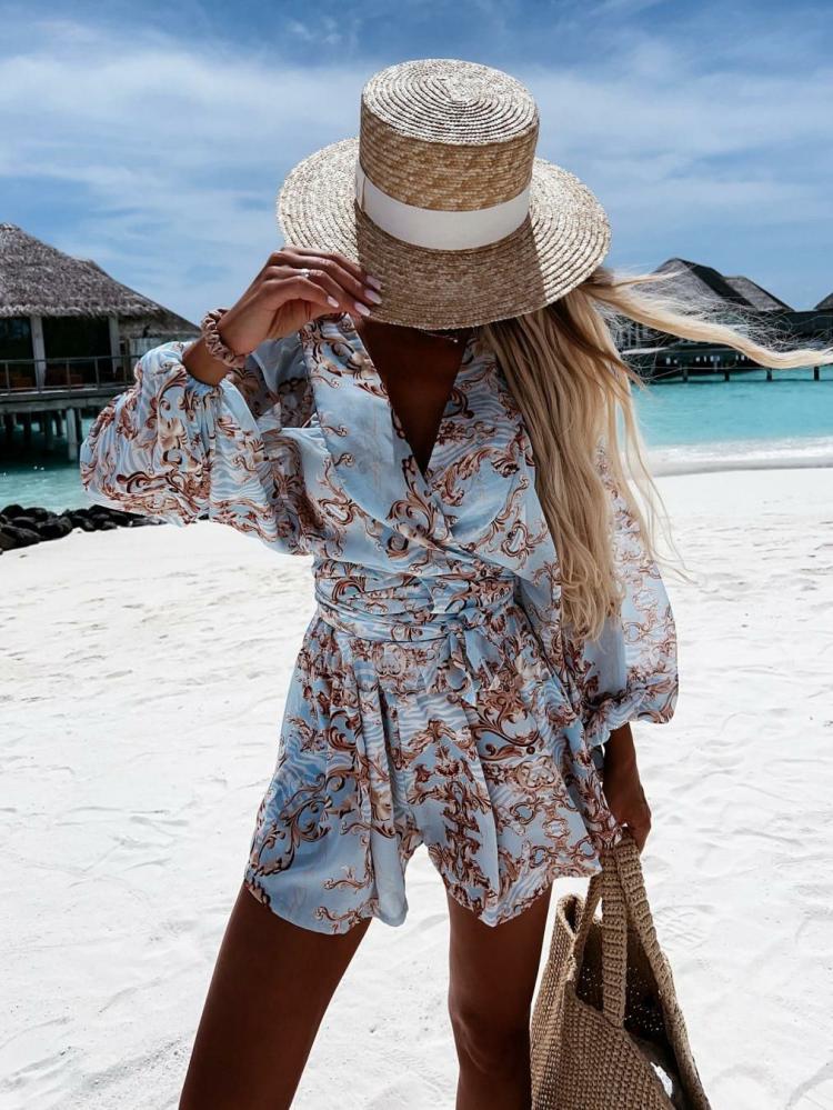 Jumpsuits |   Loose Romper Printed V-Neck Lantern Sleeves Belted Casual Resort Jumpsuit Clothing Jumpsuits