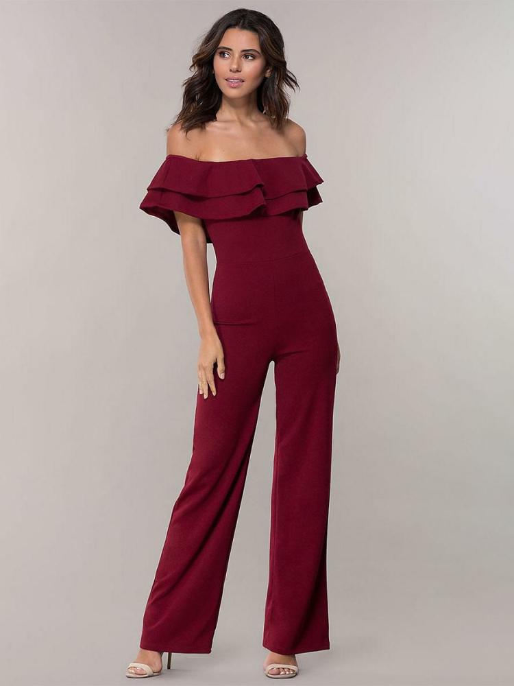 Jumpsuits |   Off-Shoulder Jumpsuits Bateau Neck Ruffles Wide Leg One Piece Outfit Clothing Jumpsuits