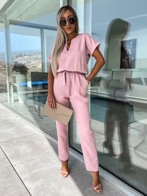 Jumpsuits |   Pink Embellished Collar Short Sleeves Cut Out Polyester Straight Summer One Piece Outfit Clothing Jumpsuits