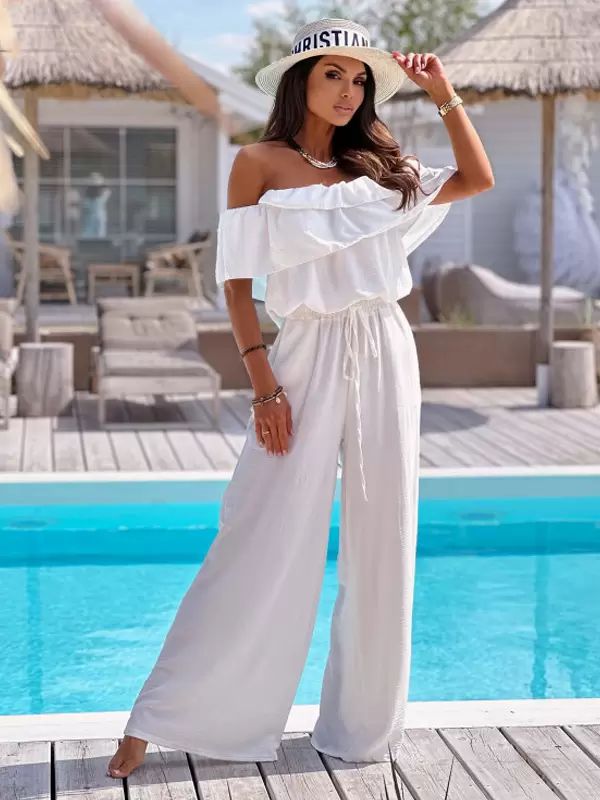 Jumpsuits |   Plain Jumpsuit Ruffles Off The Shoulder Bodice Wide Leg Casual 1 Piece Clothing Jumpsuits