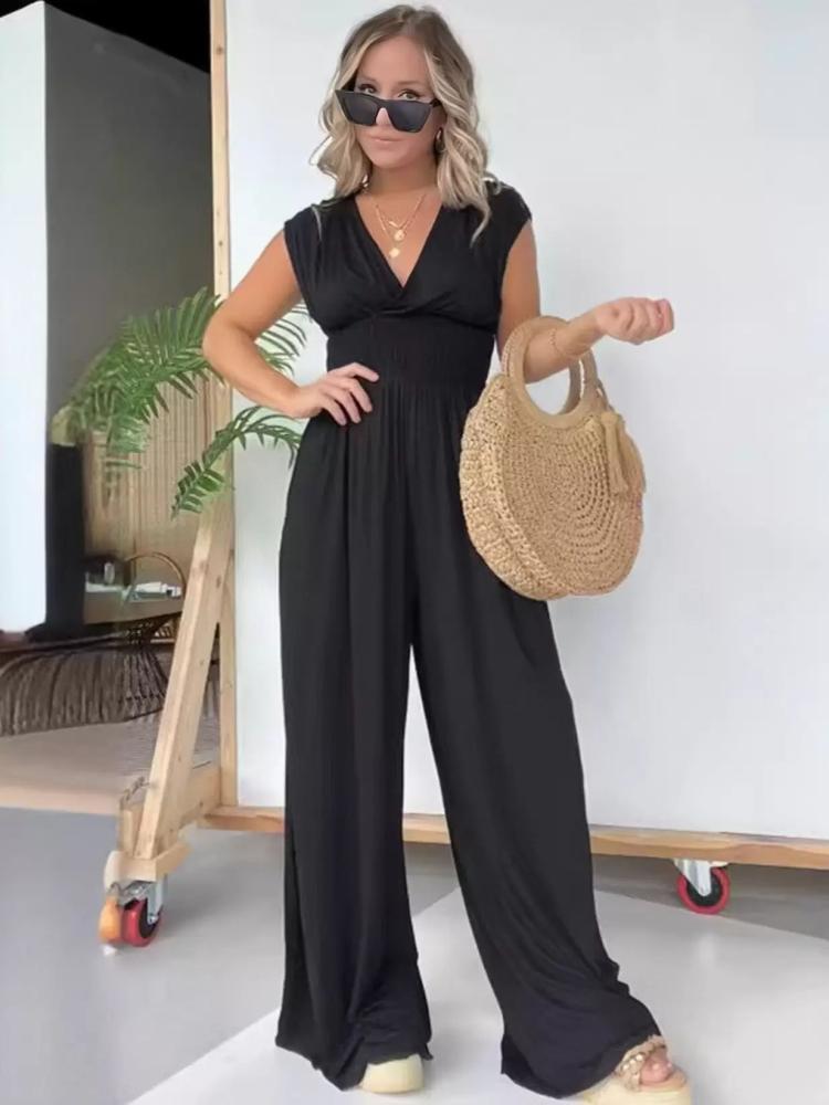 Jumpsuits |   Plain Jumpsuit V-neck Empire Waist Summer Resort Casual 1 Piece Outfit Clothing Jumpsuits