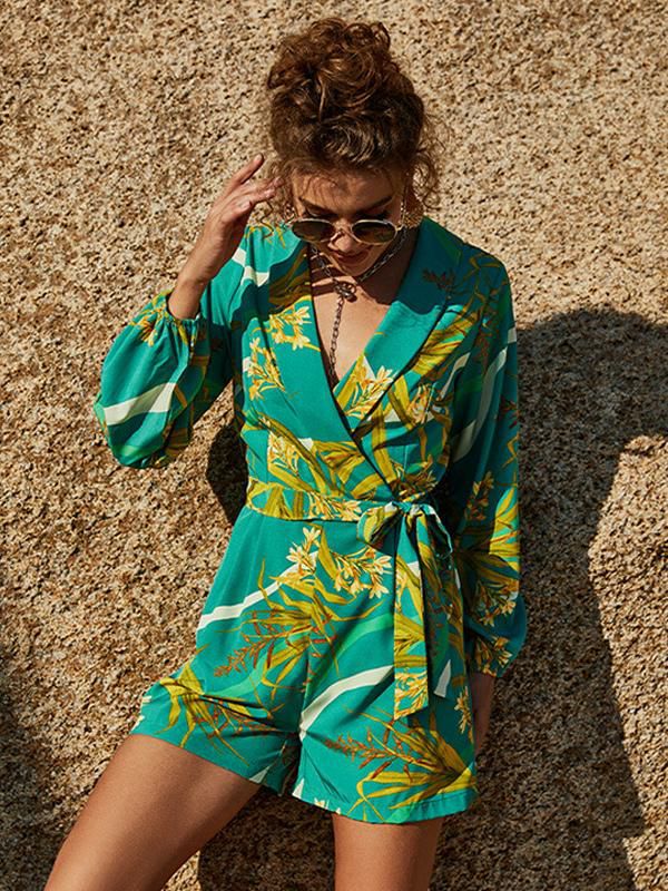 Jumpsuits |   Print Jumpsuit Faux Wrap Belted Long Sleeves Romper In Green Clothing Jumpsuits