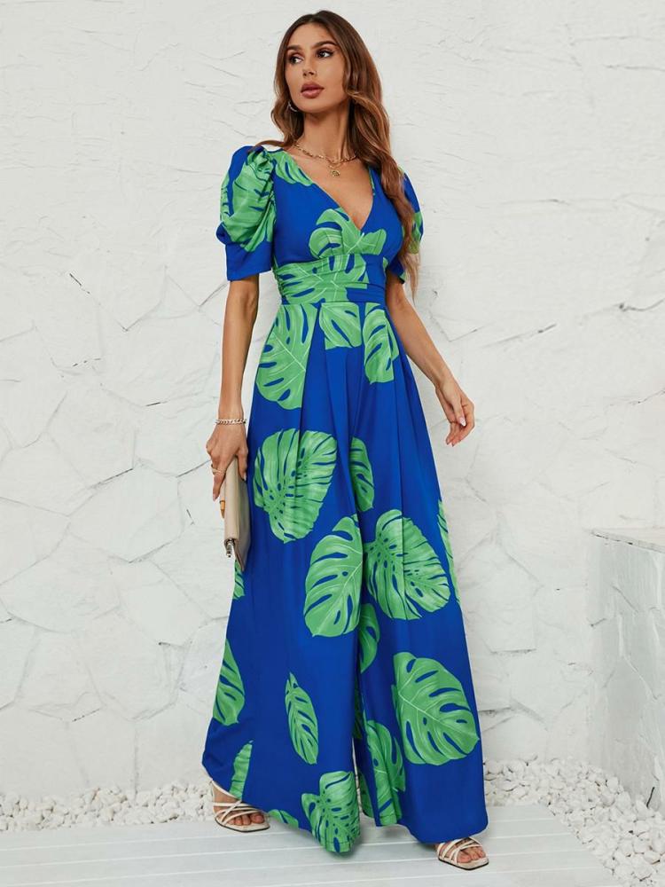 Jumpsuits |   Printed Jumpsuit Tropical Plants V-Neck Short Sleeves Summer Romper Clothing Jumpsuits