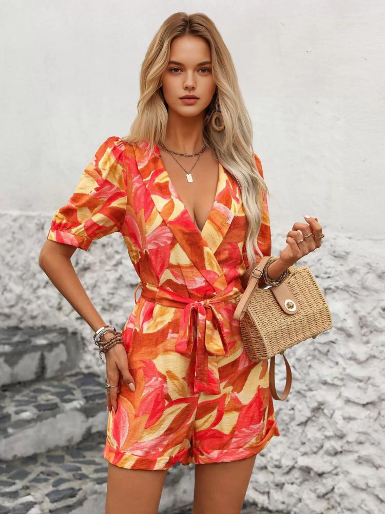 Jumpsuits |   Red Printed V-Neck Short Sleeves Polyester Loose Summer One Piece Outfit Clothing Jumpsuits