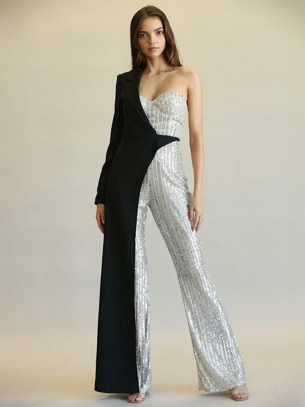 Jumpsuits |   Sequined Jumpsuits One Shoulder Two-Tone Casual Party Rompers Clothing Jumpsuits