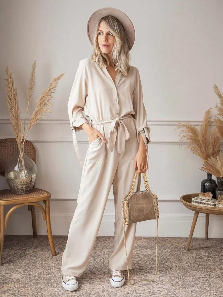 Jumpsuits |   Solid Color Jumpsuit V-Neck Long Sleeves Lace Up Buttons Casual 1 Piece Outfit Clothing Jumpsuits