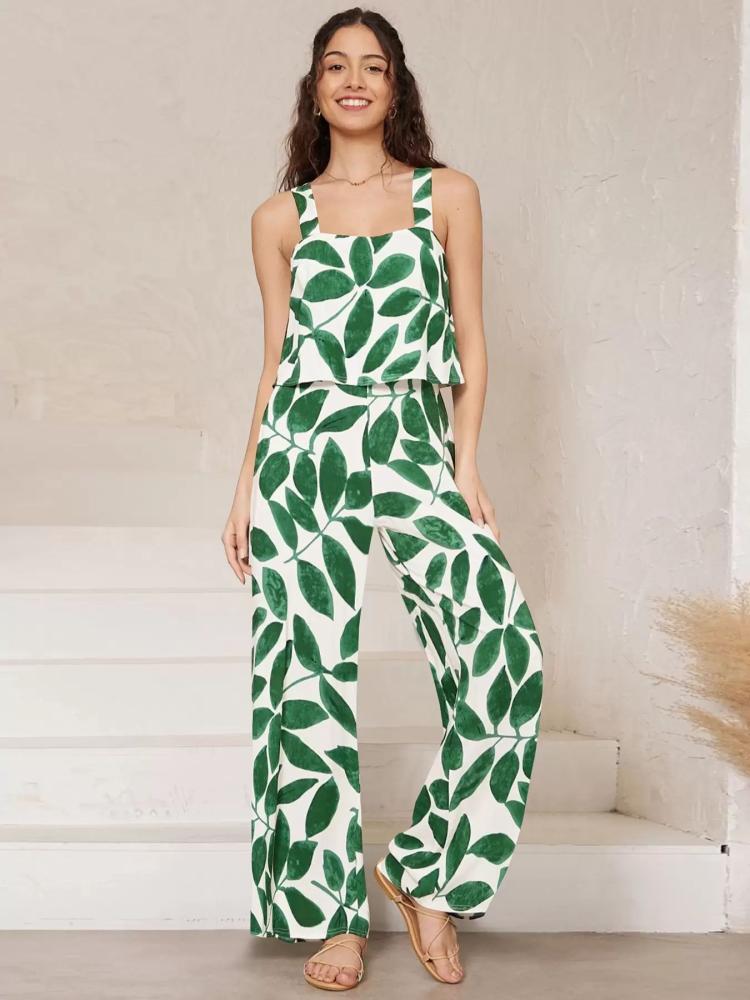 Jumpsuits |   Tropical Plants Printed Jumpsuit Strap Sleeve Backless Summer Romper Clothing Jumpsuits