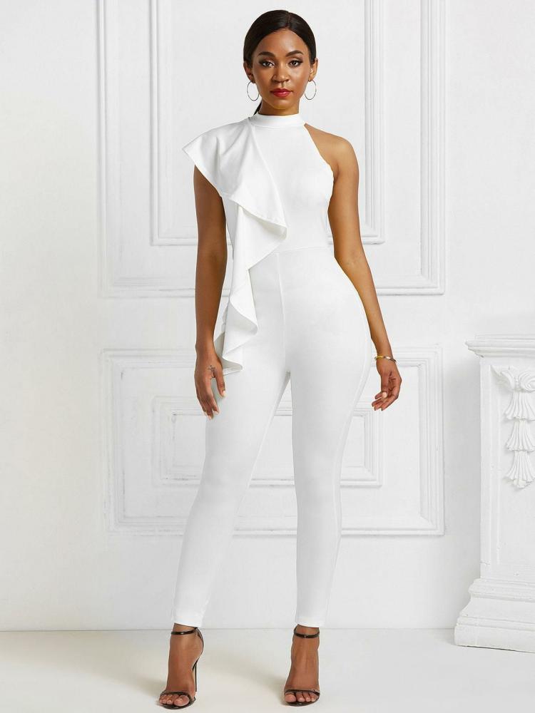 Jumpsuits |   White High Collar Sleeveless Piping Stretch Skinny Long Legging Jumpsuits For Women Clothing Jumpsuits