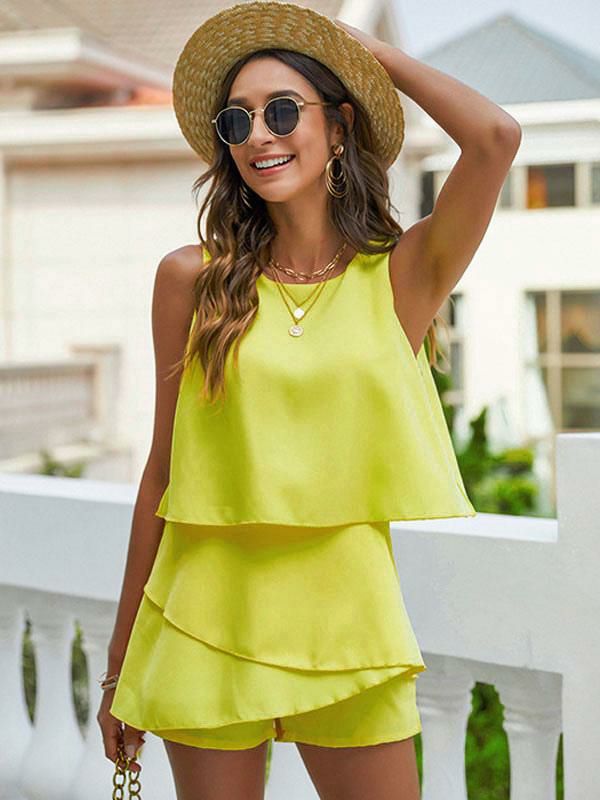 Jumpsuits |   Yellow Jewel Neck Sleeveless Ruffles Layered Jumpsuits For Women Clothing Jumpsuits