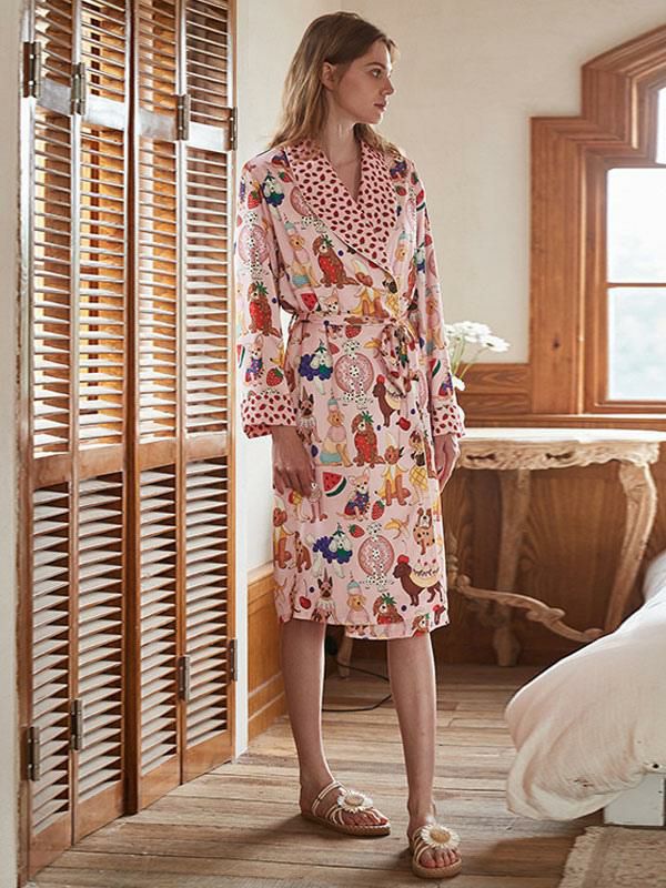 Lingerie |   Animal Printed Nightgown Long Sleeves Belted Pajamas Clothing Lingerie