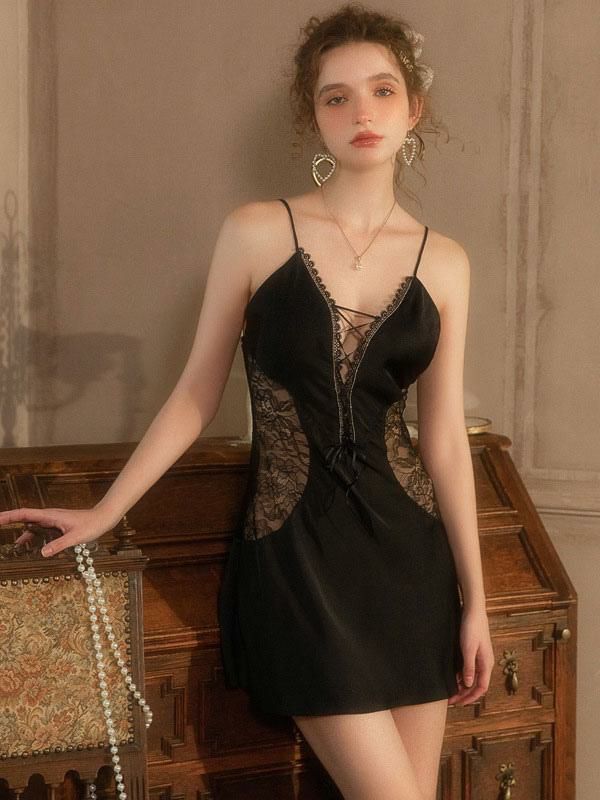 Lingerie |   Chemise For Women Black Silk-like Lace Sheer Lingerie Clothing Lingerie