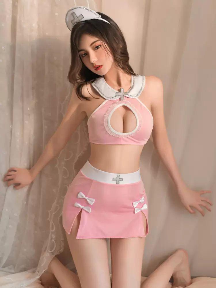 Lingerie |   Sexy Nurse Costume Halloween Pink Polyester Set T-back Headwear Clothing Lingerie