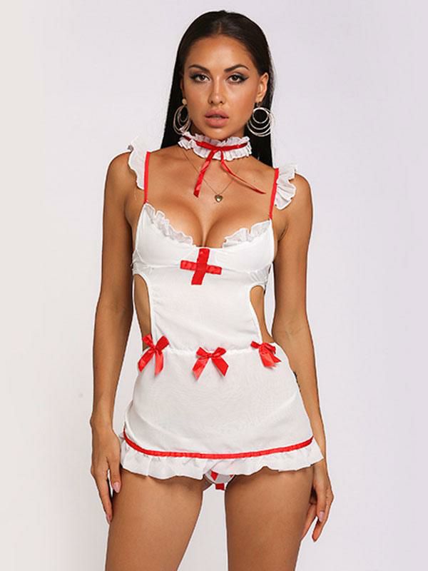 Lingerie |   Sexy Nurse Costume Halloween White Color Block Set Cravat T-back Lingerie Clothing Lingerie