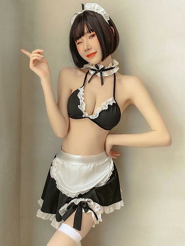 Lingerie |   Women Maid Costume 6-Piece Set Mini Skirt T-Back Apron Bra Headwear Choker Servant Sexy Bedroom Costumes Clothing Lingerie