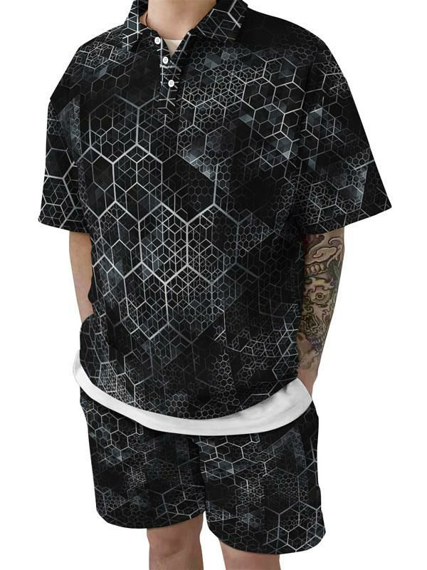 Men’s Clothing |   2-Piece Geometric Short Sleeves Turndown Collar Black Clothing Men's Clothing