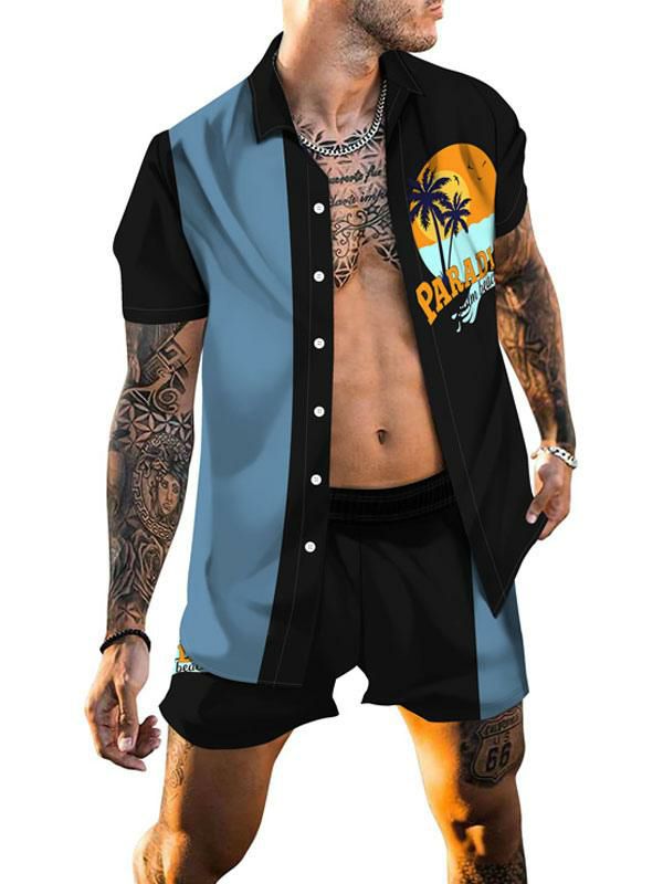 Men’s Clothing |   2-Piece Printed Short Sleeves Turndown Collar Blue Clothing Men's Clothing