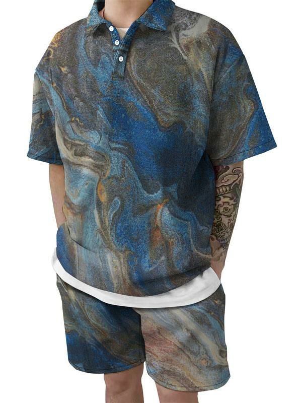 Men’s Clothing |   2-Piece Printed Short Sleeves Turndown Collar Blue Clothing Men's Clothing