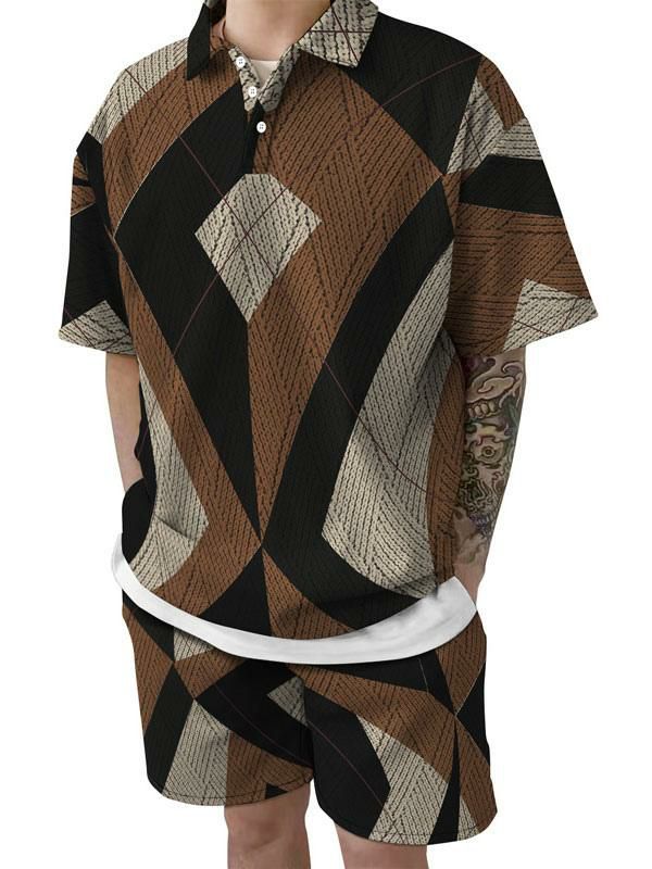 Men’s Clothing |   2-Piece Printed Short Sleeves Turndown Collar Deep Brown Clothing Men's Clothing