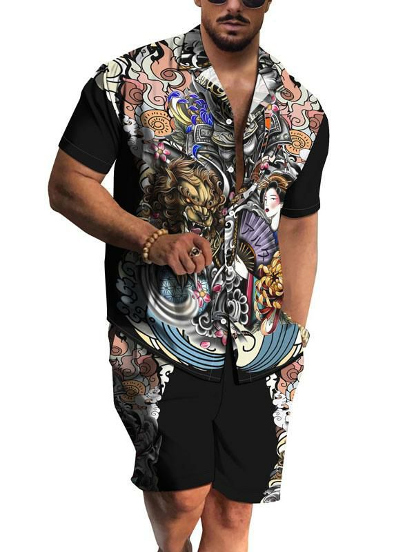 Men’s Clothing |   2-Piece Printed Short Sleeves Turndown Collar Purple Clothing Men's Clothing