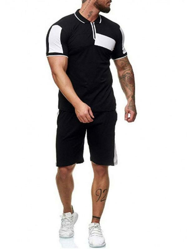 Men’s Clothing |   Activewear 2-Piece Color Block Short Sleeves Turndown Collar Black Clothing Men's Clothing