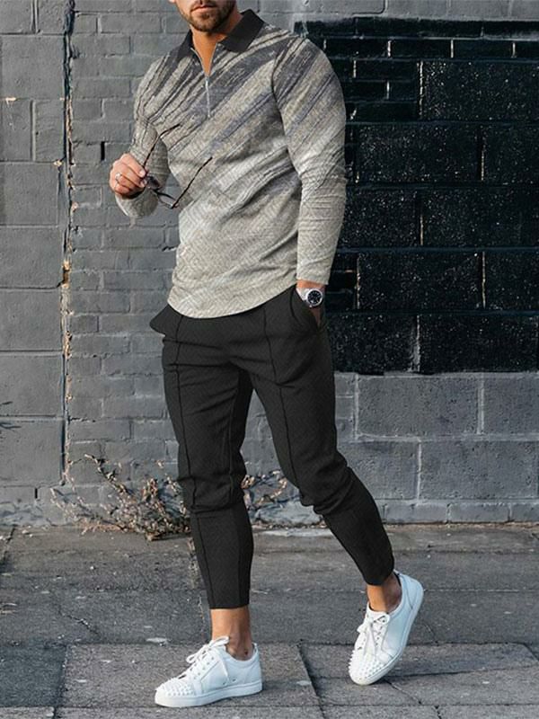 Men’s Clothing |   Activewear 2-Piece Printed Long Sleeves Turndown Collar Deep Gray Clothing Men's Clothing