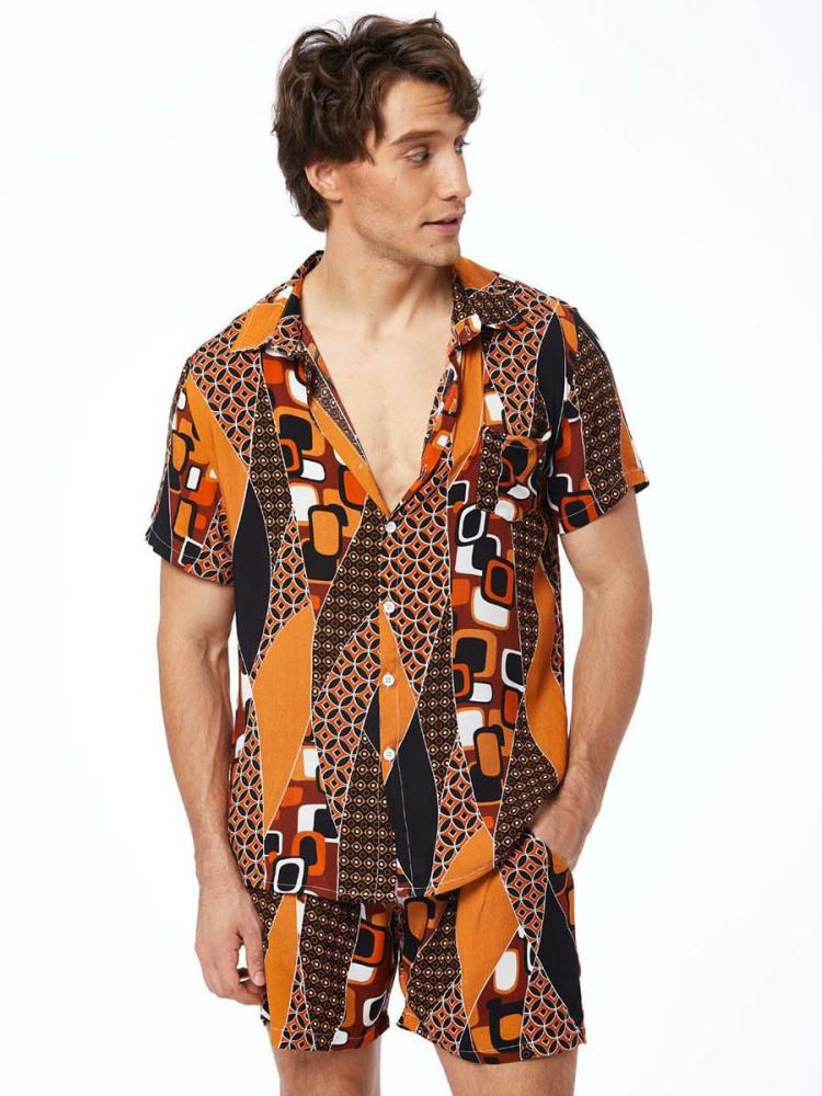 Men’s Clothing |   Activewear 2-Piece Printed Short Sleeves Turndown Collar Orange Clothing Men's Clothing