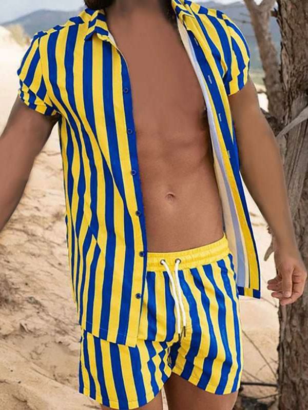 Men’s Clothing |   Activewear 2-Piece Stripes Short Sleeves Turndown Collar Yellow Clothing Men's Clothing