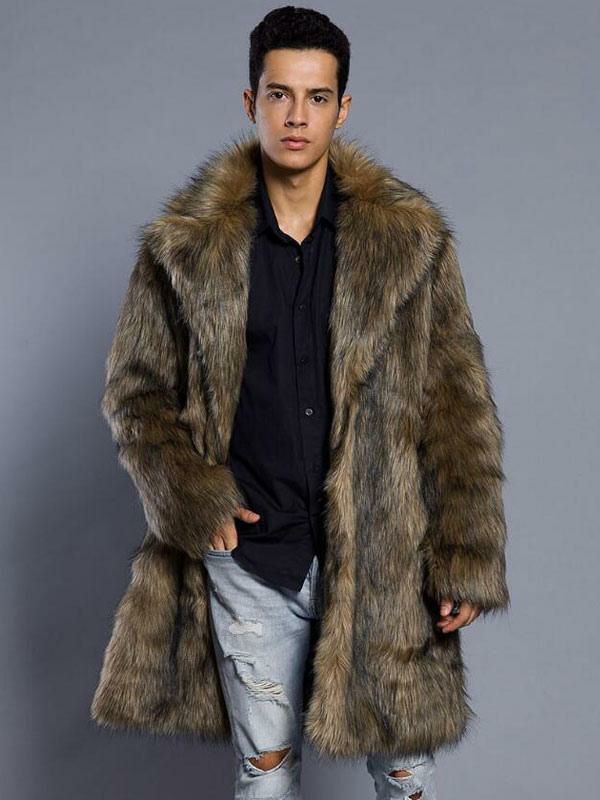 Men’s Clothing |   Brown Faux Fur Coat Men Overcoat Turndown Collar Long Sleeve Winter Coat Clothing Men's Clothing