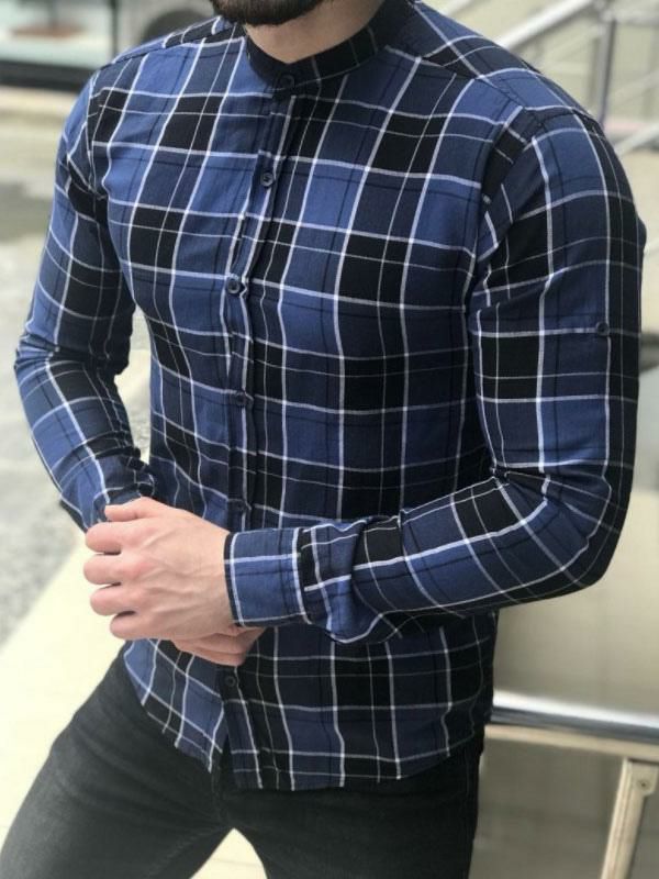 Men’s Clothing |   Casual Shirt For Men Jewel Neck Casual Plaid Blue Shirts Clothing Men's Clothing