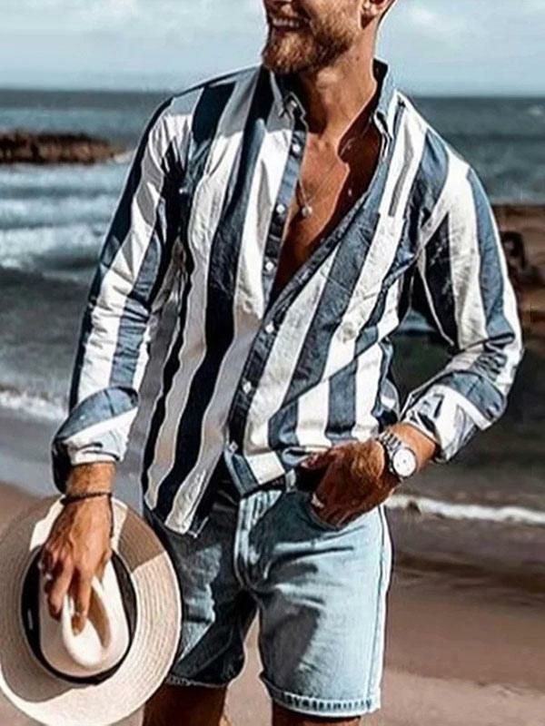 Men’s Clothing |   Casual Shirt For Men Turndown Collar Long Sleeves Stripes Deep Blue Men Summer Shirts Clothing Men's Clothing